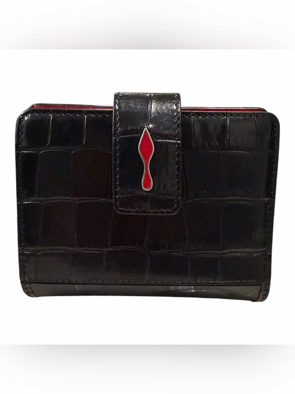 Christian Louboutin Croc Embossed Black Leather Compact Wallet